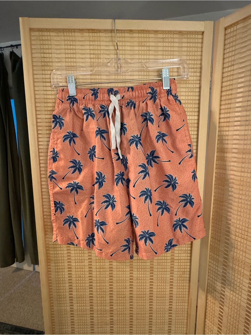 Amazon Kids Coral Swim Trunks with Navy Palm Print